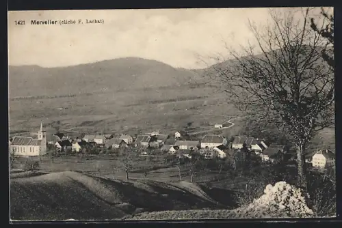 AK Mervelier, Totalansicht mit Bergpanorama aus der Vogelschau