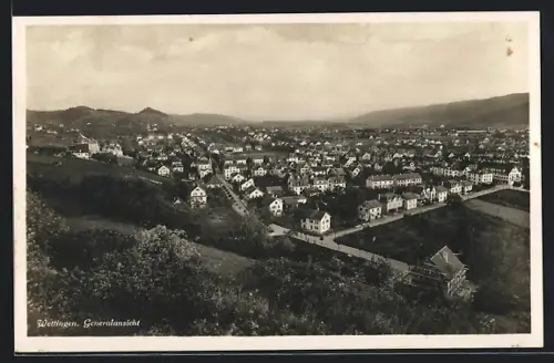 AK Wettingen, Gesamtansicht von einem Berg aus, mit Haus im Bau
