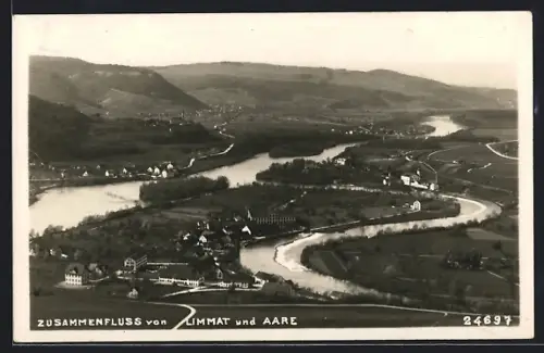 AK Turgi, Zusammenfluss von Limmat und Aare, Ansicht aus der Vogelschau