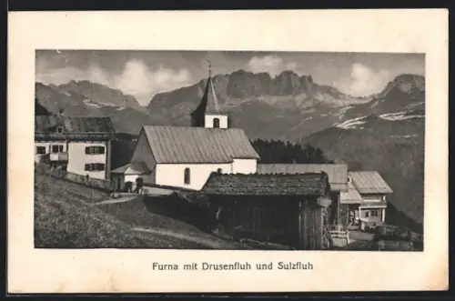AK Furna, Teilansicht mit Kirche gegen Drusenfluh und Sulzfluh