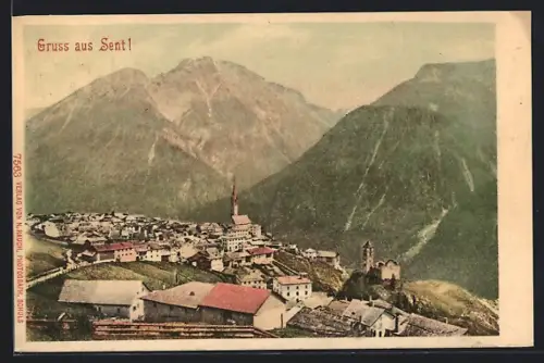 AK Sent, Ortsansicht mit Kirche gegen die Berge