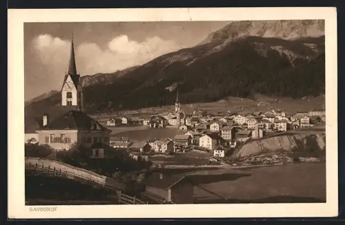 AK Savognin, Kirche mit Bergpanorama