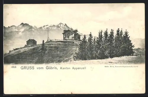 Lithographie Gäbris, Blick zum Gasthaus