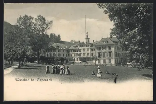 AK Weissbad, Partie auf Wiese, Stoff-Edelweiss-Applikation