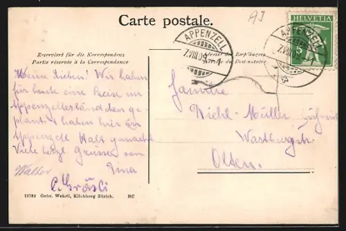 AK Weissbad, Partie auf Wiese, Stoff-Edelweiss-Applikation