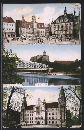 AK Halle a. S., Marktplatz mit altem und neuem Rathaus, Burg Giebichenstein, Gerichtsgebäude