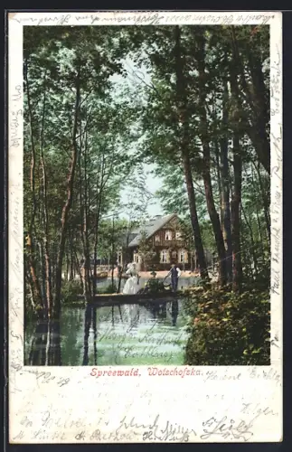 AK Wotschofska /Spreewald, Gasthaus Wotschofska, Kahn, Tracht