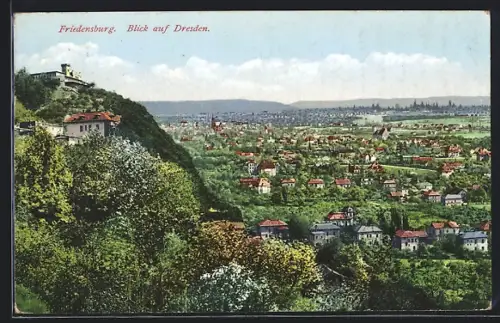 AK Radebeul-Kötzschenbroda, Gasthof Friedensburg und Blick bis nach Dresden