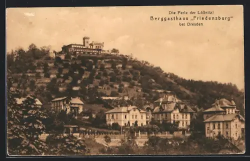 AK Radebeul-Kötzschenbroda, Teilansicht mit Blick zum Berg-Gasthaus Friedensburg