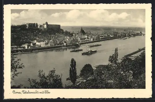 AK Pirna, Totalansicht mit Elbe