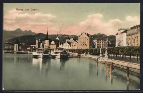 AK Luzern, Hafenpartie mit Ortspanorama