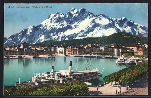 AK Luzern, Ortsansicht mit Binnenschiffen, Dampfer, Litfasssäule