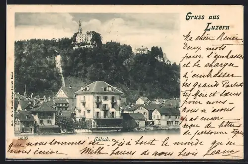 AK Luzern, Gütsch, Panorama vom Wasser aus, Seilbahn