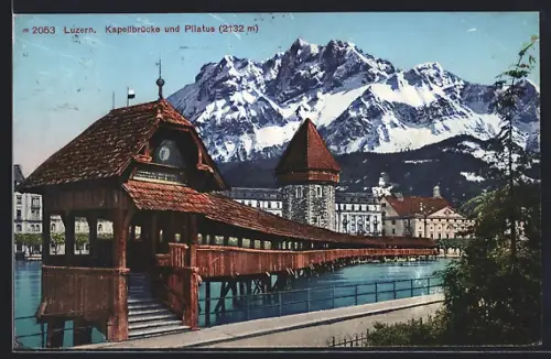 AK Luzern, Kapellbrücke und Pilatus