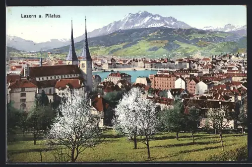 AK Luzern, Totalansicht mit Pilatus im Frühling