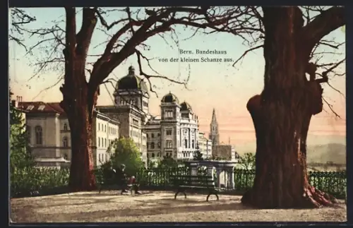 AK Bern, Bundeshaus von der kleinen Schanze aus
