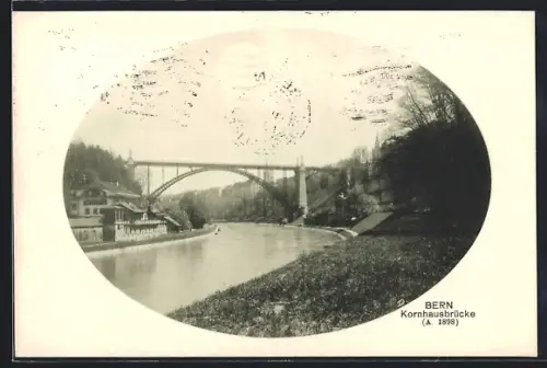 AK Bern, Kornhausbrücke mit Gebäude, 1898, Passepartout