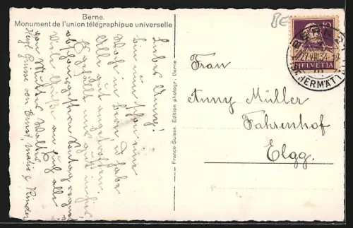 AK Bern / Berne, Welttelegraphendenkmal, Monument de l`Union télégraphique universelle