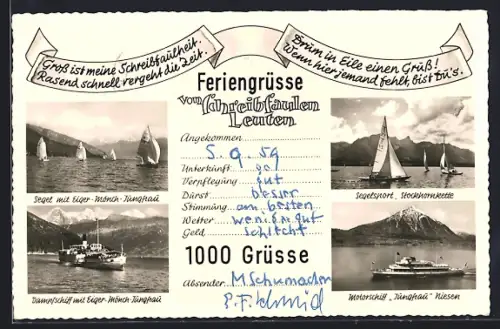 AK Thunersee, Dampfschiff u. Segelboote mit Eiger-Mönch-Jungfrau, Motorschiff Jungfrau Niesen, Feriengrüsse