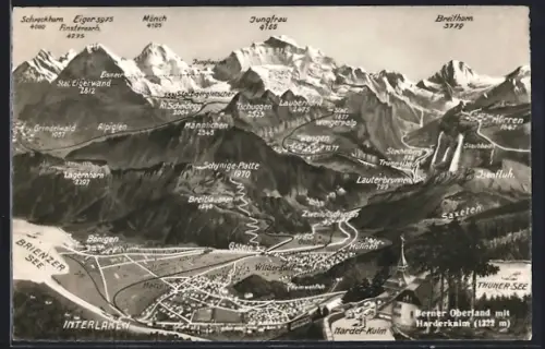 AK Interlaken, Ortsansicht mit Eiger, Mönch und Jungfrau und umliegenden Orten