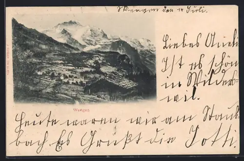 AK Wengen, Totalansicht mit Bergpanorama aus der Vogelschau