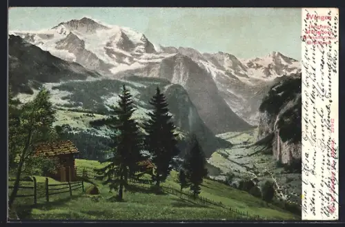 AK Wengen, Bergpartie mit Ortsblick, Jungfrau, Mittag-, Gross- und Breithorn