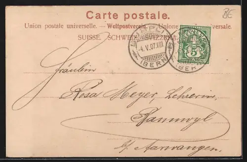 AK Wengen, Bergpartie mit Ortsblick, Jungfrau, Mittag-, Gross- und Breithorn