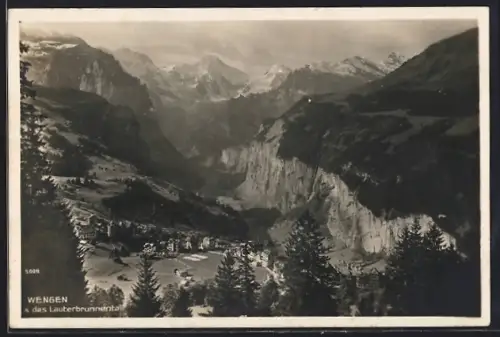 AK Wengen, Wengen & das Lauterbrunnental aus der Vogelschau