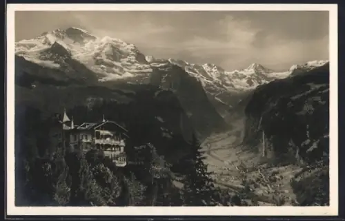 AK Wengen, Hotel Waldegg mit Jungfrau-Panorama und Blick auf den Ort