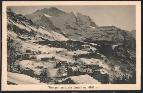 AK Wengen, Ortsansicht mit Jungfrau im Winter