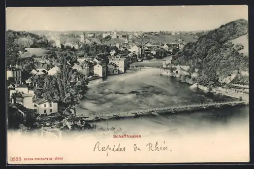 AK Schaffhausen, Totalansicht mit Brücken aus der Vogelschau