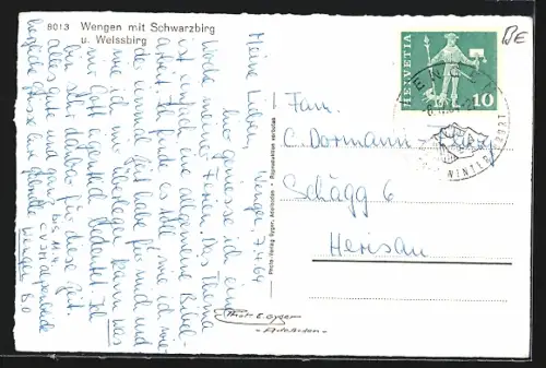 AK Wengen, Ortsansicht mit Schwarz- u. Weissbirg, Skiläufer