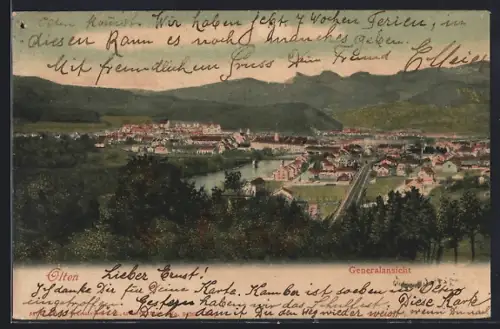 AK Olten, Gesamtansicht mit Bahnstrecke aus der Vogelschau