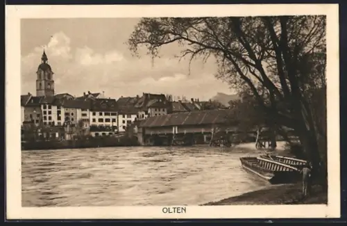 AK Olten, Teilansicht mit Brücke und Frachtkähnen
