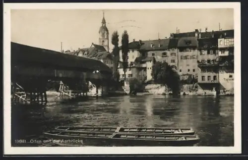 AK Olten, Ortspartie mit Aarbrücke und Frachtkähnen