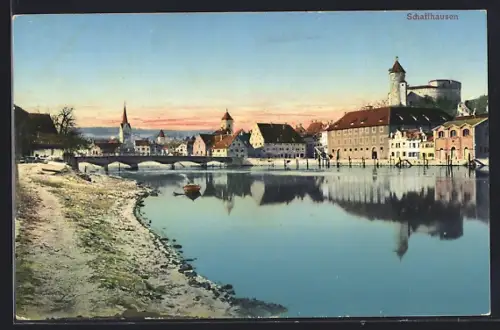 AK Schaffhausen, Ortspanorama mit Brücke und Castell Unot