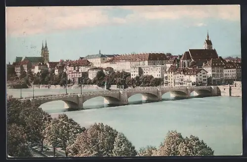 AK Basel, Brücke mit Ortspanorama aus der Vogelschau