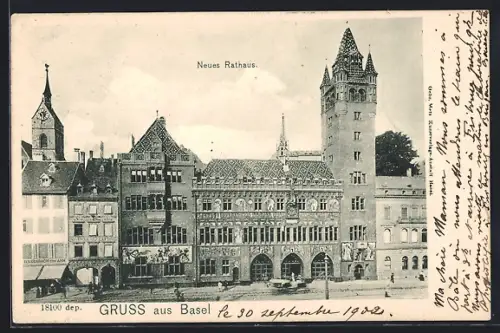 AK Basel, Neues Rathaus mit Nachbargebäuden, Kirchturm