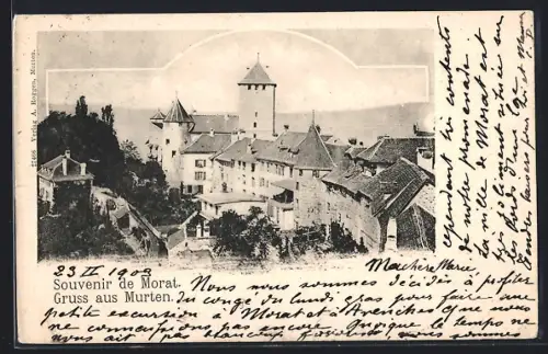 AK Murten, Teilansicht mit Schloss aus der Vogelschau
