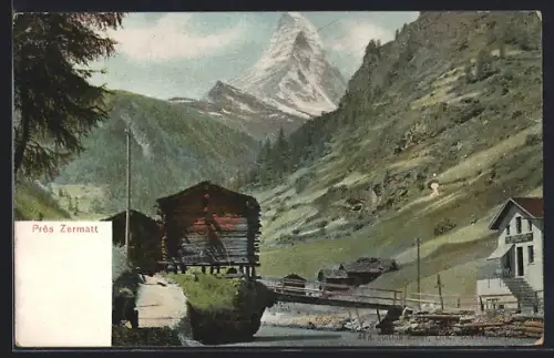 AK Zermatt, Partie in der Umgebung, Häuser, Geschäft und Brücke
