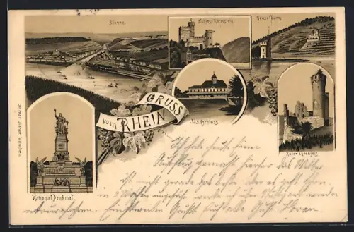 Lithographie Bingen / Rhein, Nationaldenkma, Schloss Rheinstein, Mäusethurm, Jagdschloss