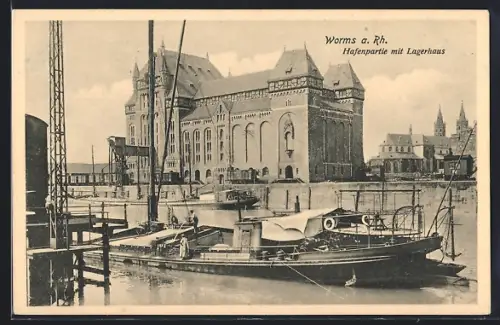 AK Worms a. Rh., Hafenpartie mit Lagerhaus