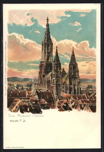 Lithographie Ulm a. D., Münster von Osten betrachtet