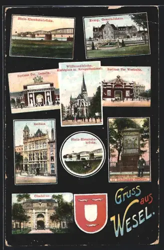 AK Wesel / Rhein, Rathaus, Berliner Tor, Eisenbahnbrücke, Willibrodikirche