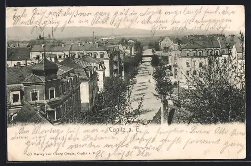 AK Copitz a. E., Strassenpartie und Wohnhäuser aus der Vogelschau