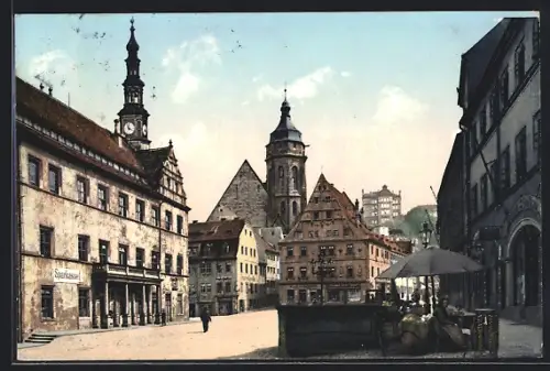 AK Pirna, Markt, Stadtkirche, Rathaus, Sparkasse