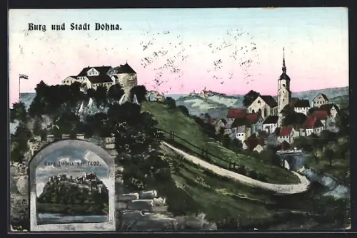 Lithographie Dohna, Burg und Stadtansicht, Burg Dohna vor 1402