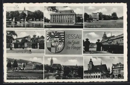 AK Dessau, Theater, Schloss, Kavalierstrasse u. Kaffee Altes Theater, Wappen