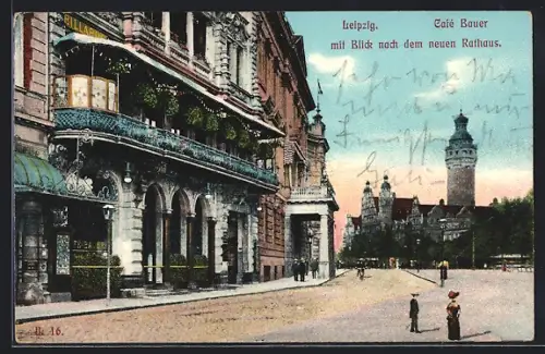AK Leipzig, Café Bauer, Blick zum neuen Rathaus