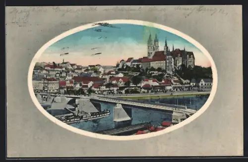 AK Meissen, Albrechtsburg und Dom, Elbe mit Brücke